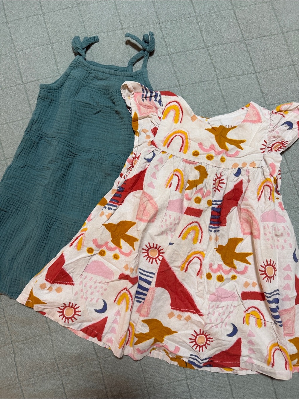 Mixed Brand-Girls' Teal Tie-Strap Dress & White Rainbow Print Dress - Brand